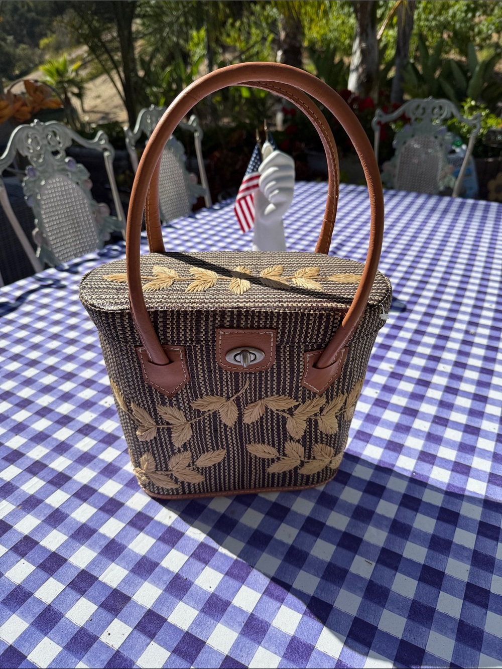 Woven Leaf-Embroidered Top-Handle Tote in Brown